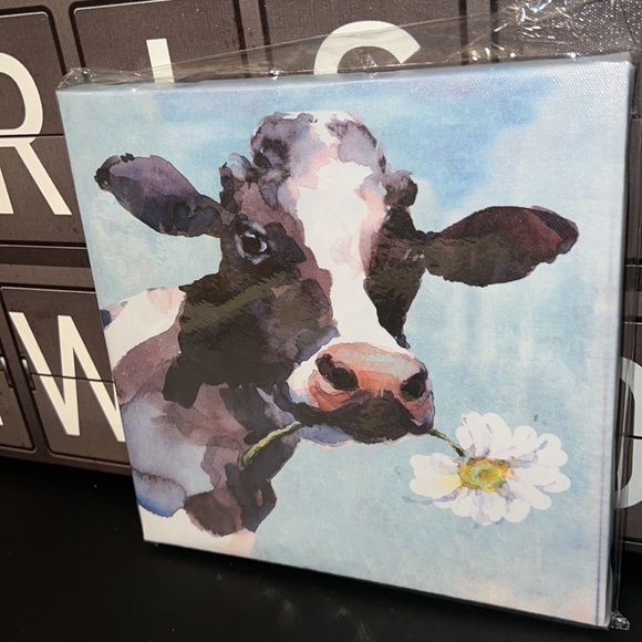 New Cow with Flower in Mouth 8.5IN x 8.5IN Canvas Wall Art - Picture 3 of 3